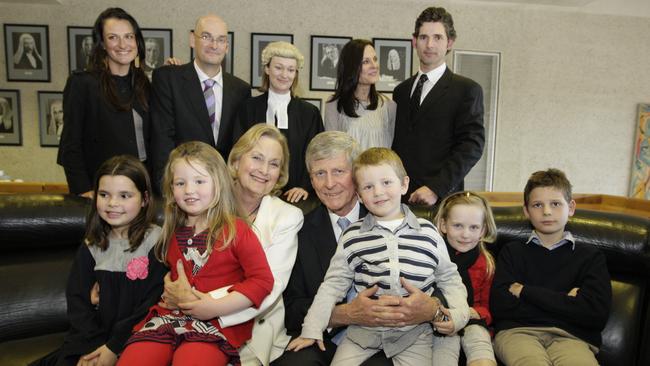 At a ceremony to mark Murray Gleeson’s retirement as High Court chief justice. Front row: Sophia Bana, Jasmine Taylor, Robyn Gleeson, Murray Gleeson, Xavier Taylor, Clare Taylor and Klaus Bana. Back row: Gabrielle Gleeson, Nicholas Gleeson, Jacqueline Gleeson, Rebecca Bana and Eric Bana.