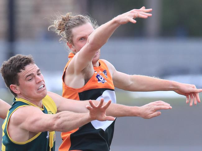 Tylar Watts (right) in a ruck contest for Geelong West. Pic: Mark Wilson