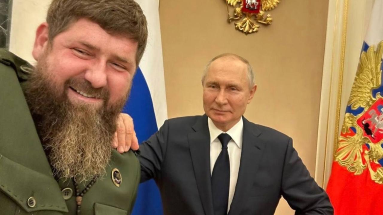 A plastic-looking Putin has been compared to a waxwork in his selfie with Kadyrov. Picture: Twitter / @DailyWorld24