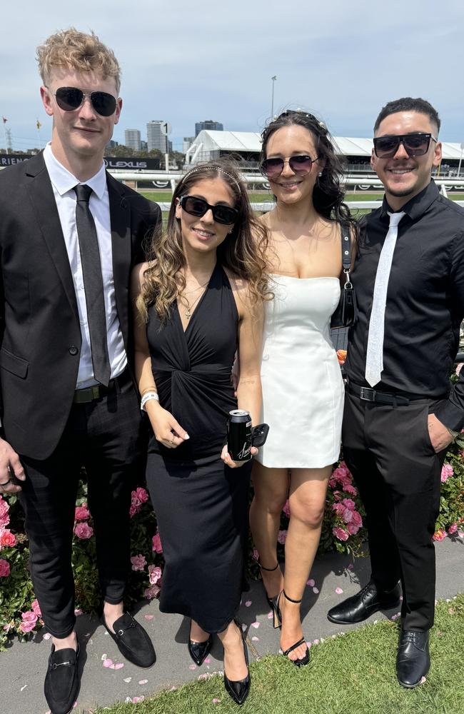 Jack Young, Calista Lo-Iudice, Paris Najdovski and Joseph Gentilin at Flemington for Derby Day on November 2, 2024. Picture: Phillippa Butt