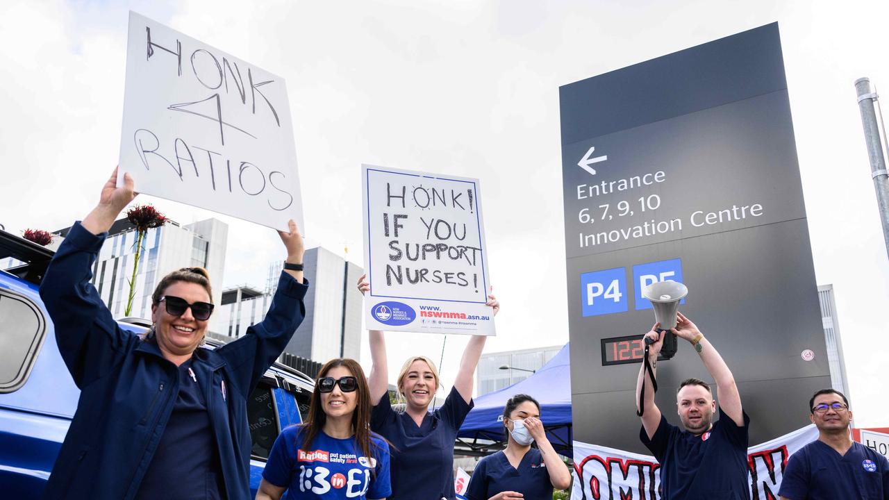 Western Sydney NSWNMA members rallied together outside Westmead Hospital on Thursday. Picture: NCA NewsWire / James Gourley