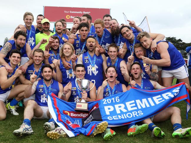 Hastings players celebrate with the premiership cup during the Nepean FL Grand Final between the Frankston Bombers and Hastings played in Frankston on Saturday 10th September, 2016. Picture: Mark Dadswell