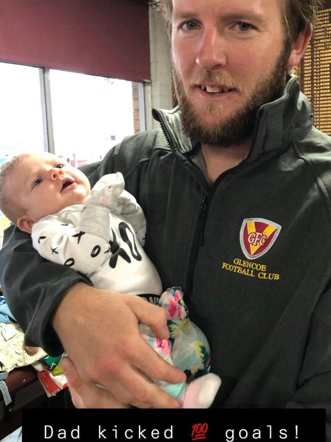 Glencoe footballer Brodie Foster with newborn daughter Mackenzie