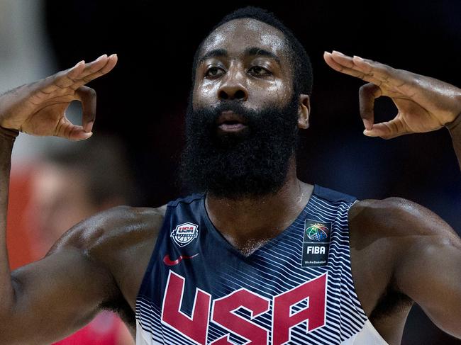 MADRID, SPAIN - SEPTEMBER 14: James Harden of the USA celebrates scoring during the 2014 FIBA World Basketball Championship final match between USA and Serbia at Palacio de los Deportes on September 14, 2014 in Madrid, Spain. (Photo by Gonzalo Arroyo Moreno/Getty Images)