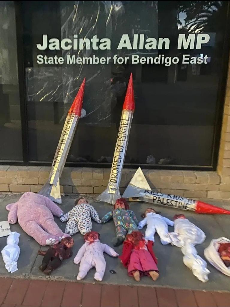 Pro-Palestine protesters have left bloodied dolls outside Premier Jacinta Allan's Bendigo East office. Picture: supplied