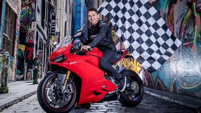 MotoGP star Jorge Lorenzo on a Ducati 1299 in Hosier Lane, Melbourne. Picture: Jake Nowakowski