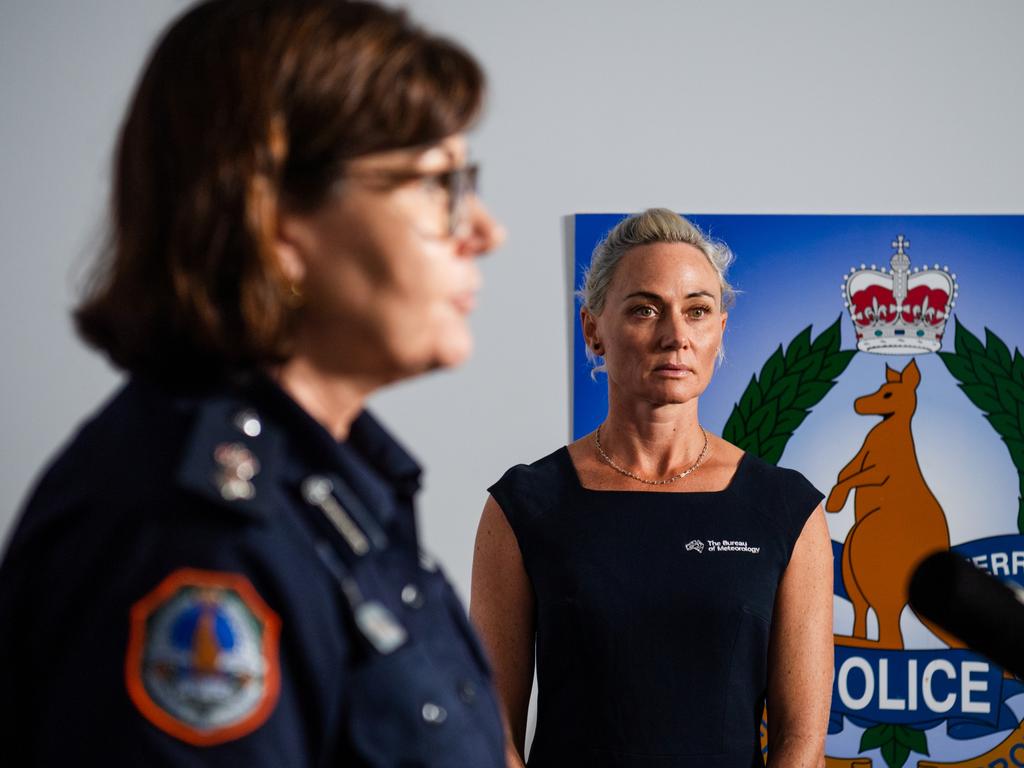 NT Police Superintendent Sonia Kennon and Bureau of Meteorology forecaster Shenagh Gamble give an update as Cyclone Megan bears down on Borroloola on Monday, March 18. Picture: Zizi Averil