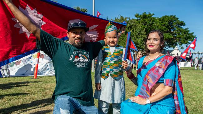 Mahesh Adhikari, Roshna Basnet Adhikari and Rivaan Adhikari at the 2024 Darwin Nepalese Festival. Picture: Pema Tamang Pakhrin