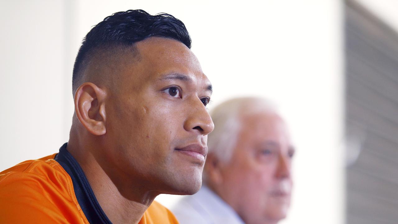 Israel Folau and mining magnate Clive Palmer reveal the controversial footy star has signed with amateur club Southport Tigers. Picture: NCA NewsWire/Tertius Pickard