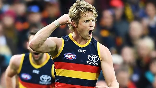 Rory Sloane celebrates a goal during the Showdown.