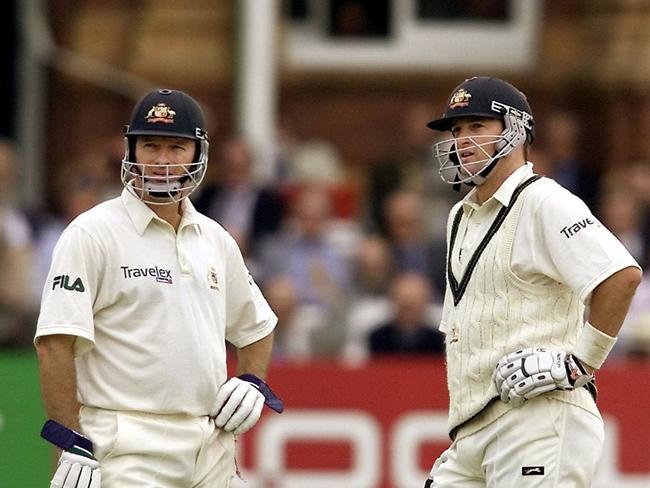 Aust cricketer Steve Waugh (l) with brother Mark Waugh (r).  Cricket - Australia vs England Second Test match at Lords 20 Jul 2001.