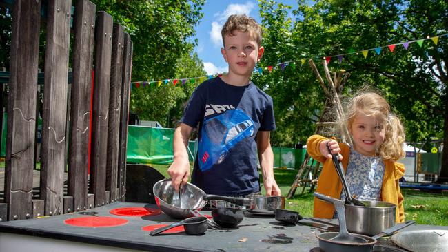 Jack Creak, aged 5, and Poppy Creak, aged 2 checking out the cooking facilities in the children’s section of the Taste of Summer at Hobart waterfront. Picture: Linda Higginson