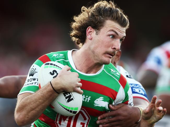 SYDNEY, AUSTRALIA - JUNE 10:  Campbell Graham of the Rabbitohs is tackled during the round 15 NRL match between St George Illawarra Dragons and South Sydney Rabbitohs at Netstrata Jubilee Stadium on June 10, 2023 in Sydney, Australia. (Photo by Matt King/Getty Images)