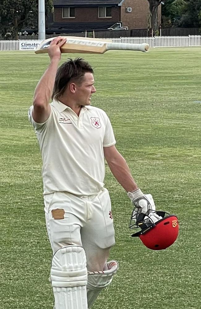 Jordan Wyatt raises hit bat as he walks off Arch Brown Reserve. Pic: Kevin Murphy.