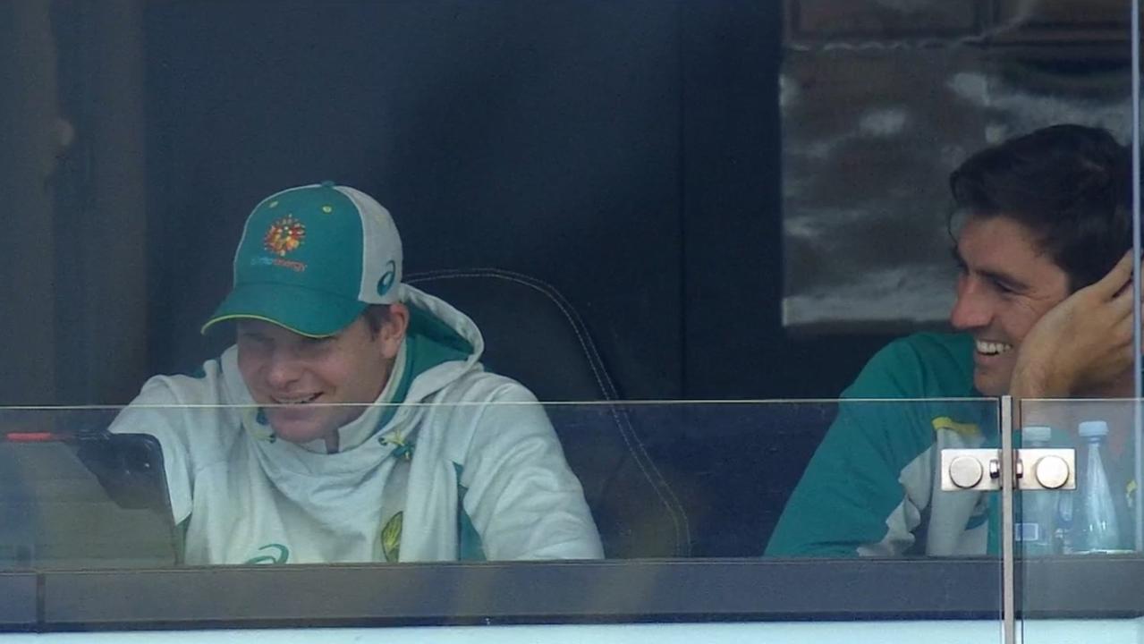 Steve Smith and Pat Cummins saw the funny side. Photo: Fox Cricket