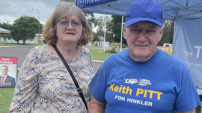 Jillian Lee and Reg Gillian handing out flyers for LNP at the Hervey Bay Citizens Centre.