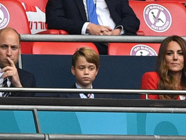 Prince William, Duke of Cambridge, Prince George of Cambridge, and Catherine, Duchess of Cambridge, during the UEFA EURO 2020 round of 16 football match between England and Germany at Wembley Stadium in London.