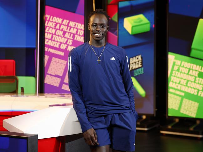 Sprinter Gout Gout on set at Fox Sports before appearing on The Back Page. Picture: Jonathan Ng