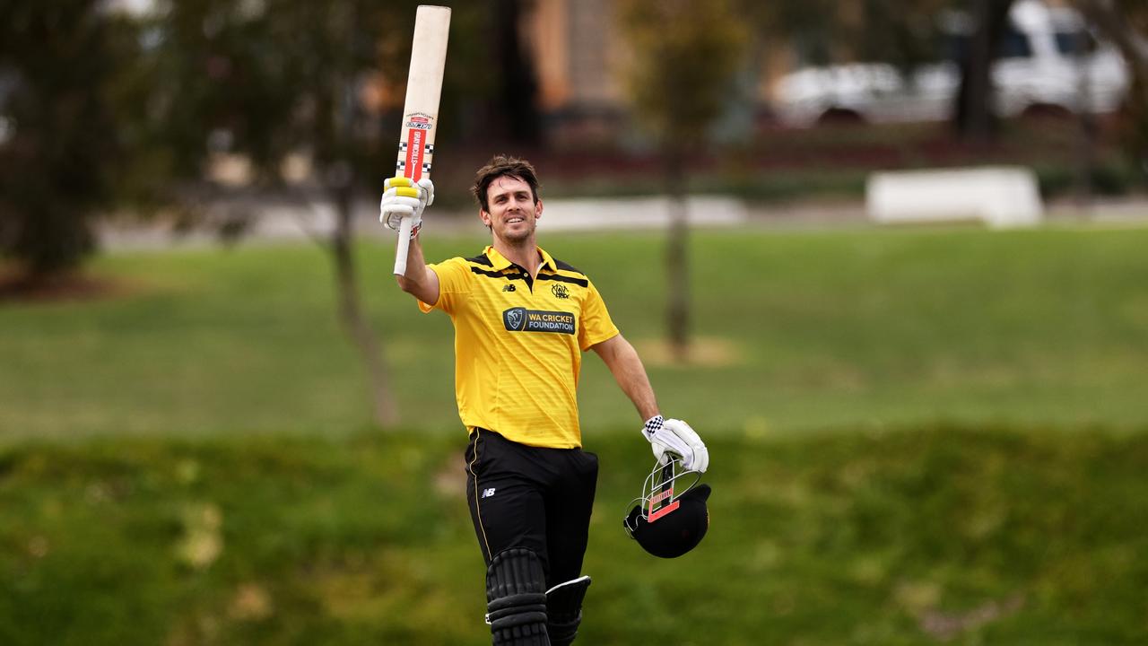 Mitch Marsh after reaching his century for WA during the One-Day Cup match against South Australia. Picture: Daniel Kalisz / Getty Images