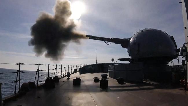 The Moskva Russian warship takes part in military exercises outside the Crimean port of Sevastopol. Picture: AFP.