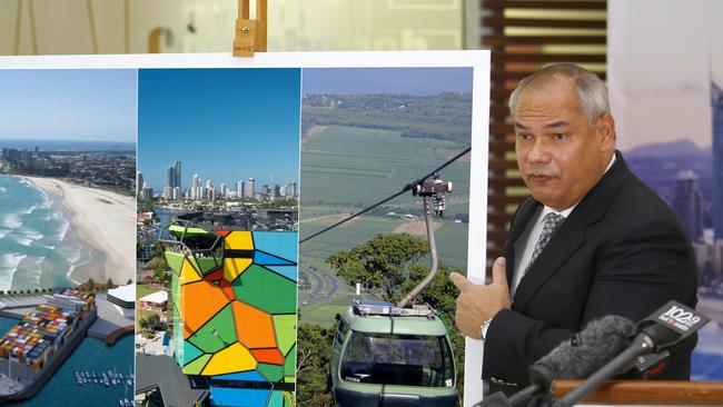 Gold Coast Mayor Tom Tate points to photos of cruise ship terminal, HOTA Gallery and the hinterland cableway. The gallery remains a key legacy item. IMAGE HAS BEEN MANIPULATED. Picture: Tertius Pickard