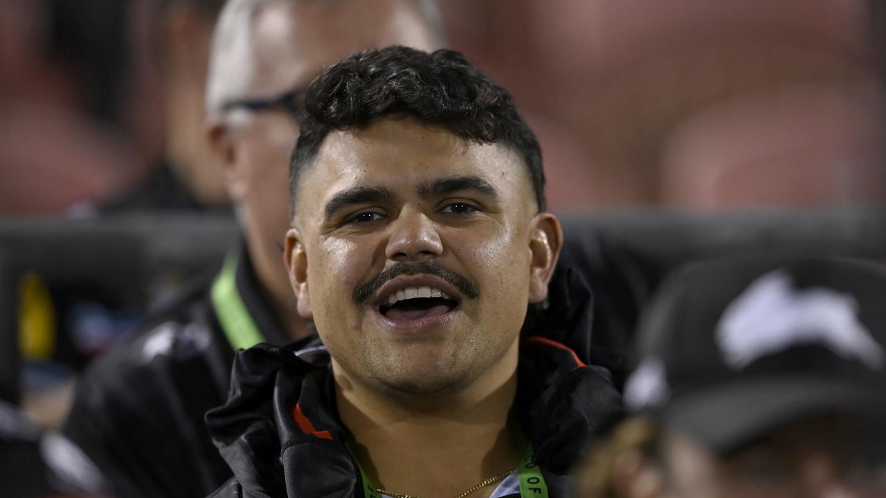 Rabbitohs star Latrell Mitchell in the stands watching his teammates during their loss to Penrith. Credit: NRL Images.