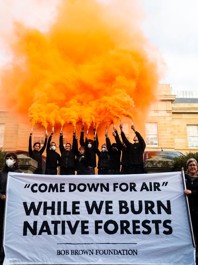 Burn Off Action by Bob Brown Foundation at Tasmanian Parliament. Picture: Bob Brown Foundation