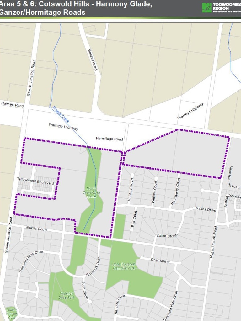 Land parcels impacted by the Toowoomba Regional Council's new temporary local planning instrument. Cotswold Hills.