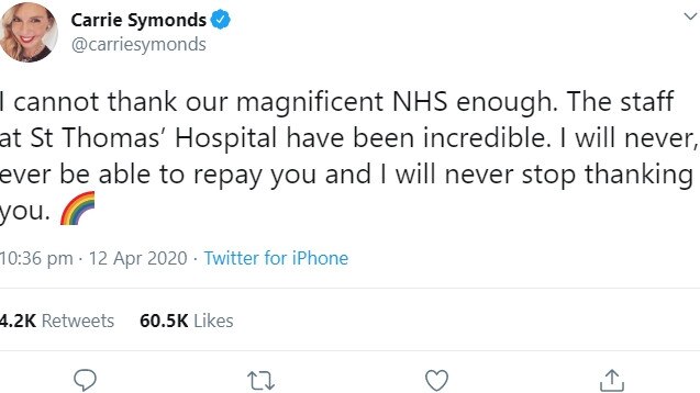 Boris Johnson’s pregnant partner Carrie Symonds took to Twitter to thank staff at St Thomas’ when the PM survived after times that were ‘very dark indeed’. Picture: Twitter/Carrie Symonds