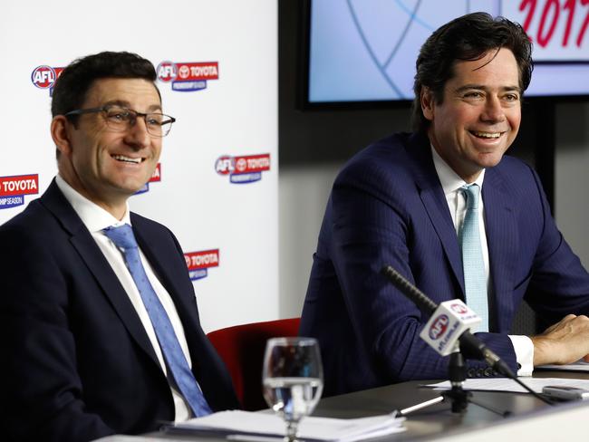 MELBOURNE, AUSTRALIA - OCTOBER 27: AFL General Manager Clubs and Operations Travis Auld (left) and AFL CEO Gillon McLachlan (right) speak to the media during the 2017 AFL Season Fixture Release at AFL House on October 27, 2016 in Melbourne, Australia. (Photo by Michael Willson/AFL Media/Getty Images)