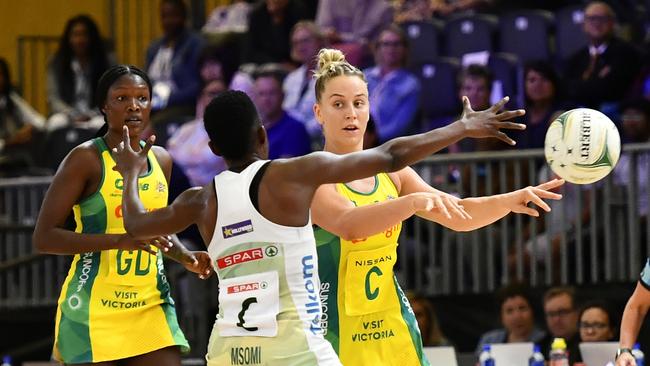 Jamie Lee Price passes the ball during Australia’s Netball Quad Series match against South Africa. Picture: Getty