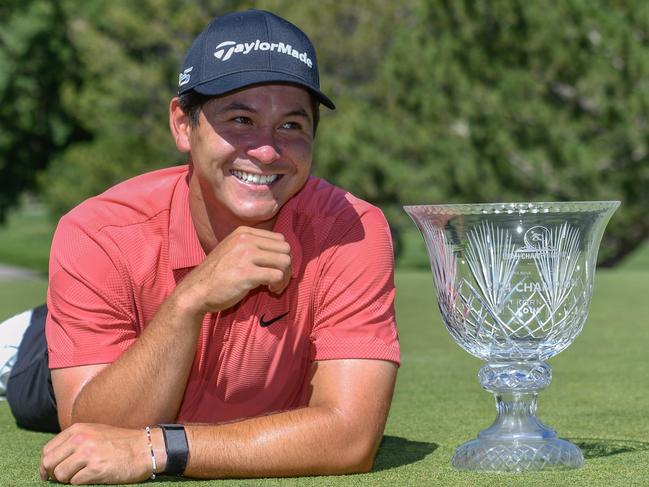 FARMINGTON, UTAH - AUGUST 04: Karl Vilips of Australia poses for photos after winning the final round of the Utah Championship presented by Zions Bank and Intermountain Health at Oakridge Country Club on August 04, 2024 in Farmington, Utah. (Photo by Alex Goodlett/Getty Images)