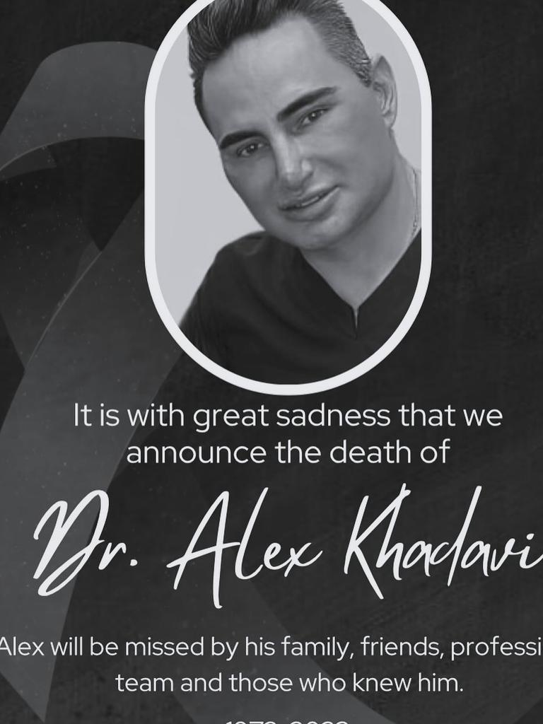 Celebrity dermatologist Dr Alex Khadavi has died from stage 4 liver cancer. Picture: Instagram/ drkhadavi