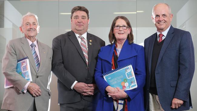 From left, Glamorgan Spring Bay Mayor Michael Kent, Sorell Mayor Kerry Vincent, Tasman Mayor Roseanne Heyward and Clarence Mayor Doug Chipman at the release of the KPMG report. Picture: LUKE BOWDEN