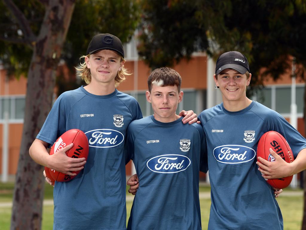 Sons of AFL legends and potential future Cats (from left) Jagger Mooney, Boston Riccardi, Alfie Wojcinski Picture: Contributed