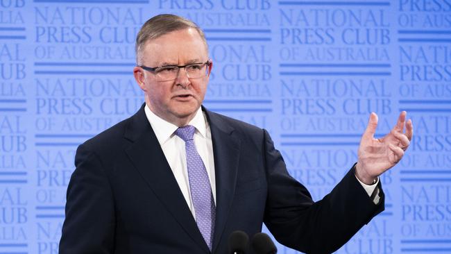 Opposition leader Anthony Albanese speaks at the National Press Club in Canberra. Picture: Getty Images