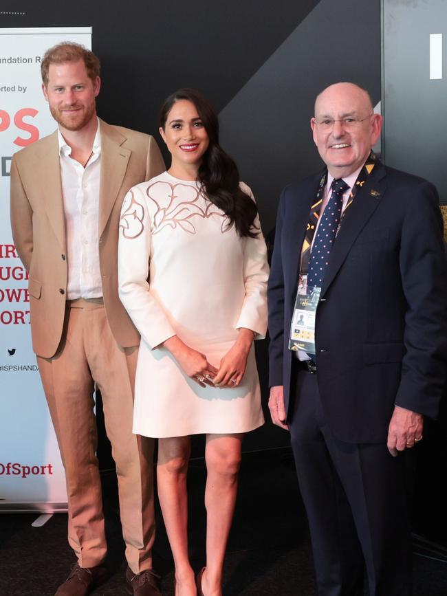 Harry and Meghan with Invictus Games Foundation chairman Baron Charles Allen. Picture: Chris Jackson/Getty Images for the Invictus Games Foundation