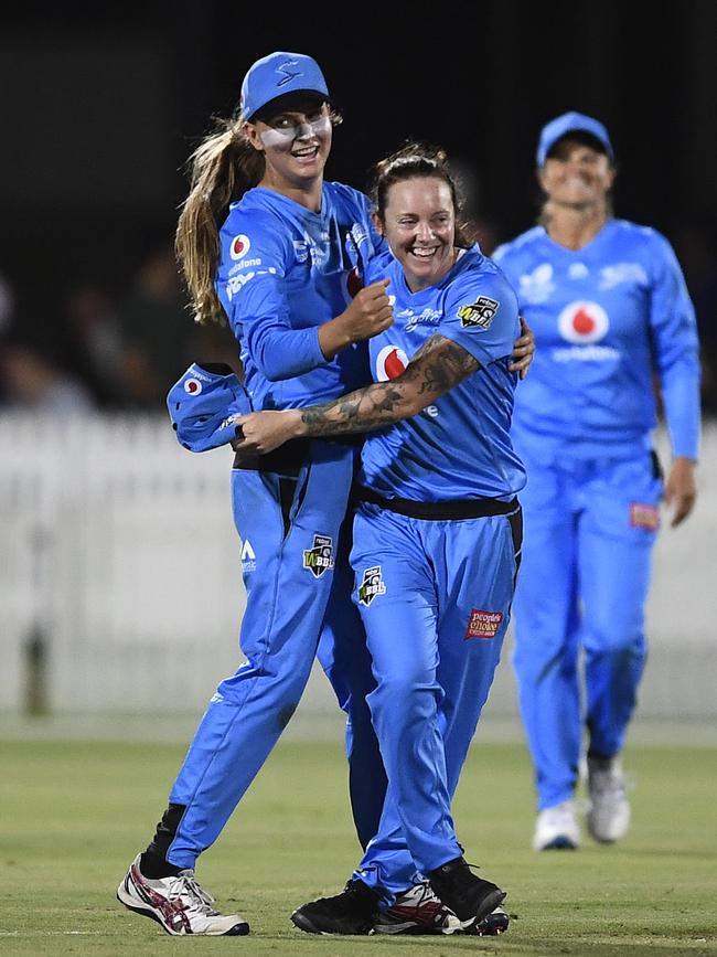 Sarah Coyte (right) of the Strikers celebrates with Alex Price after taking the wicket of Kirby Short of the Brisbane Heat during the WBBL match that Adelaide won on November 2. Picture: Getty Images