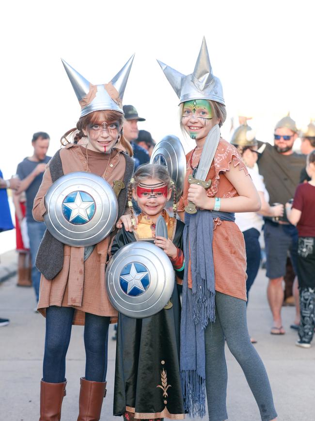 Tallula Van Der Mark, Aria Wallace, Eibhilin Van Der Mark at the annual Dinah Beach Yacht Club’s Viking Funeral. Picture: Glenn Campbell