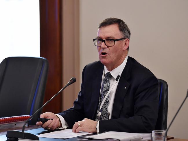 MFB chief executive Jim Higgins at a parliamentary inquiry into Victoria’s fire preparedness. Picture: Ellen Smith