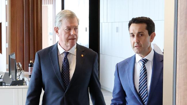 Minister for Health and Ambulance Services Tim Nicholls and Premier David Crisafulli, during a media conference, Brisbane. Picture: Liam Kidston