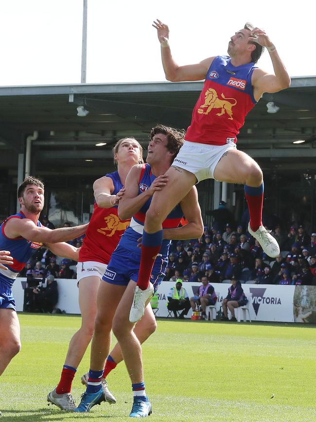 Daniher flies for a mark against the Bulldogs. Picture: Michael Klein