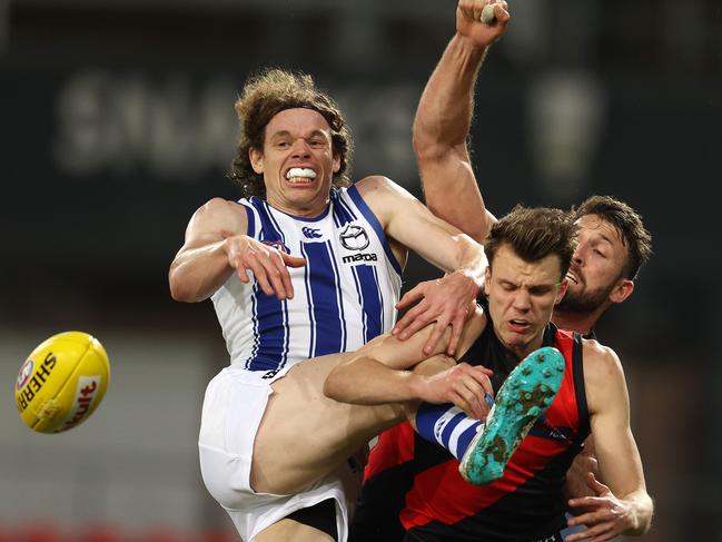 Ben Brown is double-teamed in a marking contest against Essendon. Picture: MICHAEL KLEIN