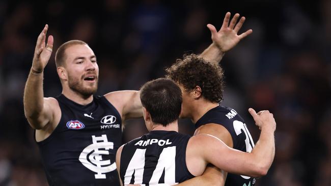 MELBOURNE, AUSTRALIA - APRIL 20:  Charlie Curnow of the Blues celebrates a goal during the round six AFL match between Carlton Blues and Greater Western Sydney Giants at Marvel Stadium, on April 20, 2024, in Melbourne, Australia. (Photo by Darrian Traynor/Getty Images)