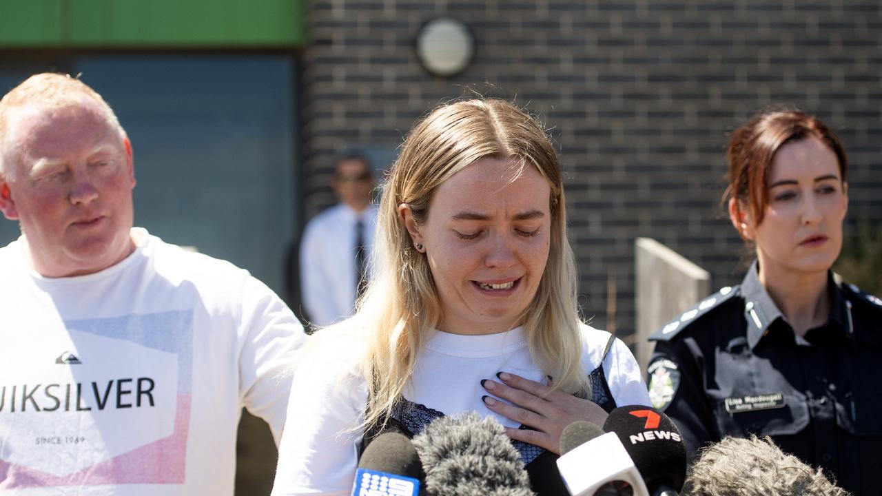 Samantha’s daughter Jess Murphy and husband Mick Murphy spoke to media outside Ballarat West Police Station on Thursday with Inspector Lisa MacDougall. Picture: NCA Newswire / Nicki Connolly