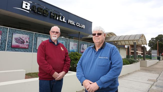 Bass Hill RSL sub-branch secretary Gary Roser and president Ron Duckworth in front of the club. Picture: Robert Pozo