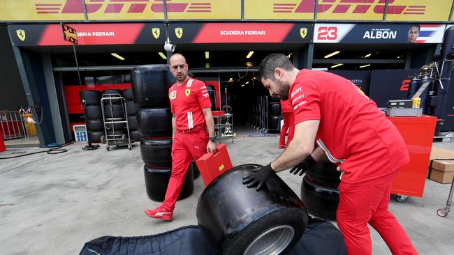 1Ferrari team members preparing for this weekend’s Formula 1 Grand Prix in Melbourne. Picture: David Geraghty