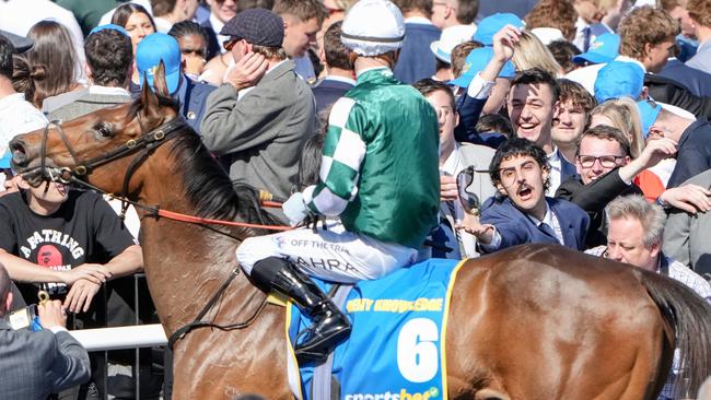 Mark Zahra and Deny Knowledge after winning the Might And Power Stakes at Caulfield on Saturday. Photo: George Sal/etty Images.