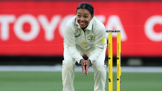 Australia’s Alana King took 4-45 with a cocktail of wrist spin and wrong’uns, shooters and zooters at the MCG. Picture: Getty Images