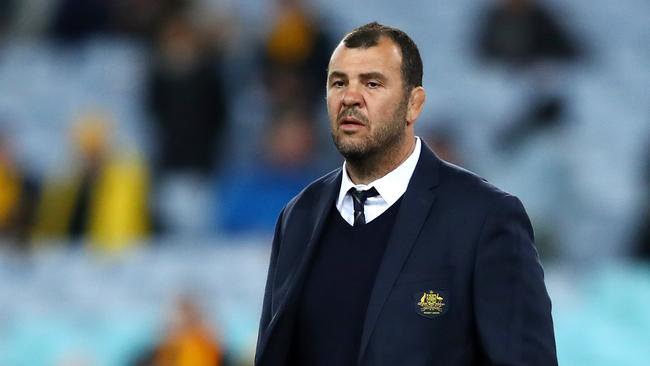 SYDNEY, AUSTRALIA — AUGUST 18: Wallabies coach Michael Cheika watches his players warm up during The Rugby Championship Bledisloe Cup match between the Australian Wallabies and the New Zealand All Blacks at ANZ Stadium on August 18, 2018 in Sydney, Australia. (Photo by Cameron Spencer/Getty Images)